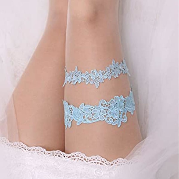 ny stil 2 st Bridal Spets Trim Bröllop Brud Strumpeband Med Satin Ros Light Blue