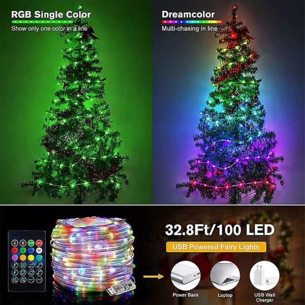 Christmas Tree RGB Lights Smart Bluetooth Control USB LED String Lamp Outdoor App Fjernkontroll Garland Fairy Lights Dekorasjon 5 meters 50 lights