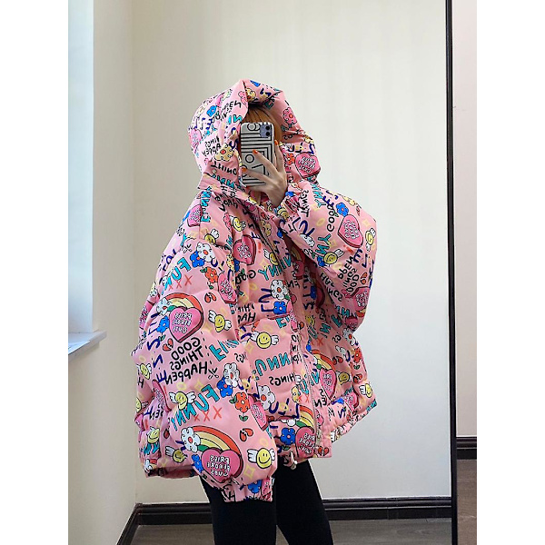 Print Hooded Waterproof Bread Down Jacket Fleece Trend Pink M