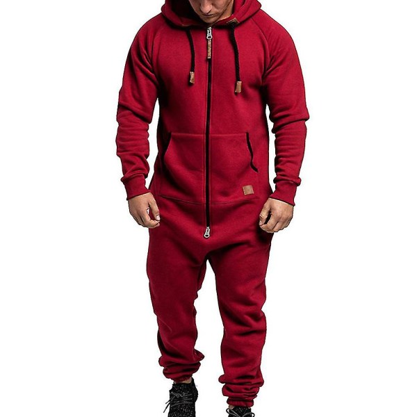 Miesten Onesie-huppari, vetoketjullinen haalari, talvinen casual hupullinen leikkipuku Wine Red 3XL