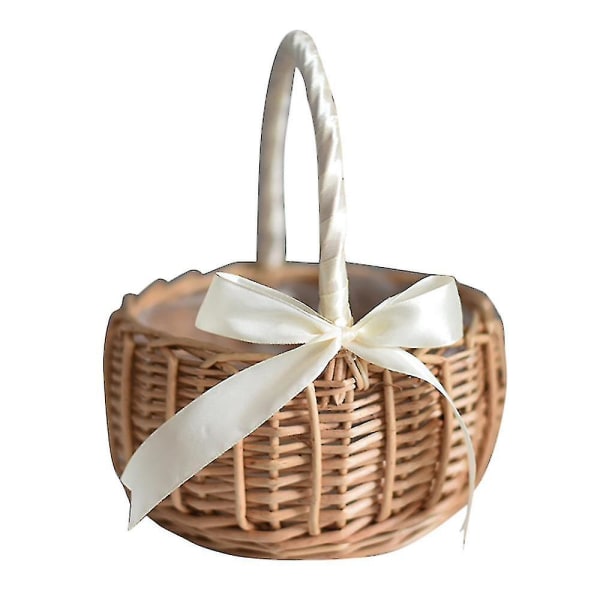 Wicker Woven Flower Basket, With Handle And White Ribbon, Wedding Flower Girl Baskets, For Home Gar