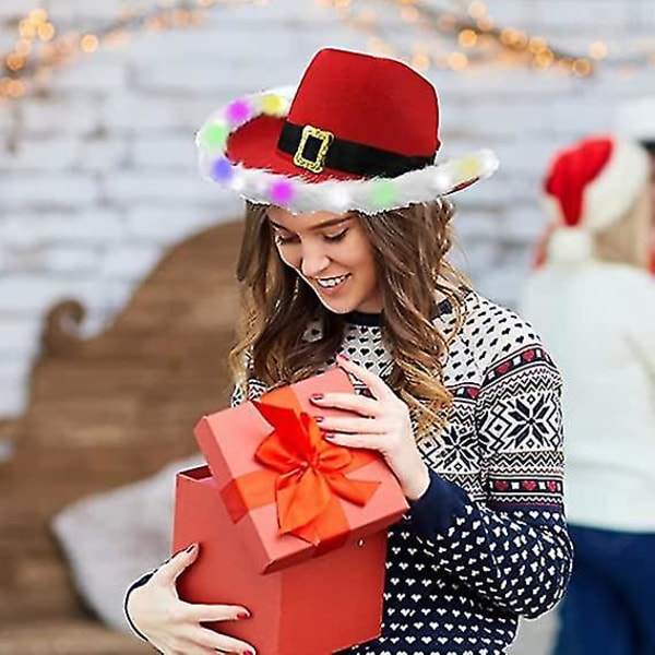 Light Up Christmas Feather Hat With Led Blinkande, Cowboy Red Santa Clause Western Holiday Hat,jul Kostymdekorationer Julklappar till kvinnor Colorful Light