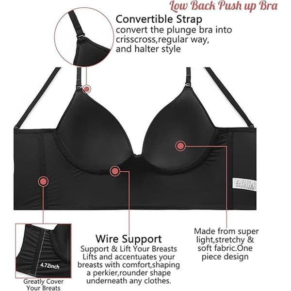 【BQ】Women's Low Back Push Up Deep V Strapless Bra, Black - Perfect Black Black L