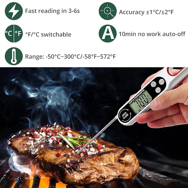 Vikbar kötttermometer Digital kökstermometer för BBQ Cooking-White
