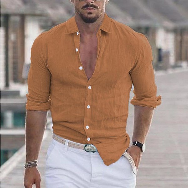 Herre bomuld linned revers strandskjorte lyseblå XL
