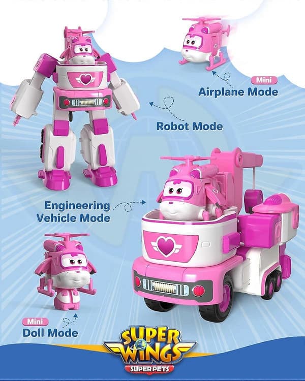 【BQ】Super Wings - 7' Dizzys redningsbil med 2' Rosa Transform-a-Bot Minifigur, Transformerende flyleke - Perfekt