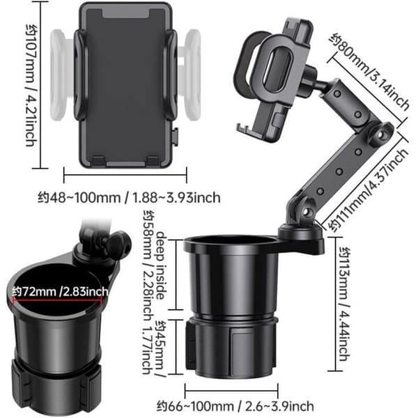2-i-1 Kopholder til bil, 360° justerbar telefonholder, sort