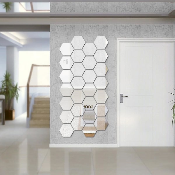 12 stk sekskantede speilveggklistremerker Gjør-det-selv-kunst hjemmedekorasjon Stuehåndverk Silver