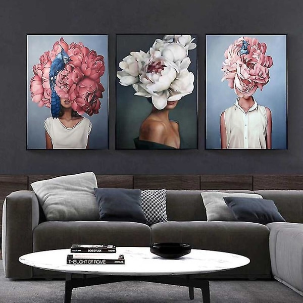 Blomma, fjäder, kvinna abstrakt - dukmålning väggkonst 15x20 cm utan ram 15x20cm No Frame