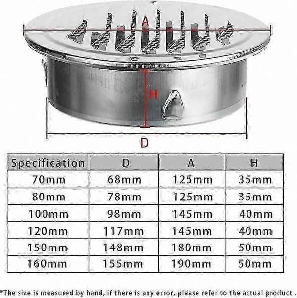 100 mm rundt ventilationsgitter i rustfrit stål til pejs, køkken, badeværelse, udstødningsrør (100 mm)