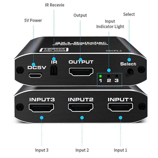 4k Hdtv Hdmi Splitter Switcher 3 Input 1 Output med fjärrväljare