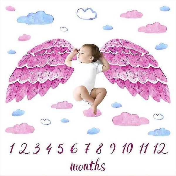 Baby Månedlig Milestone Flanell Tæppe Nyfødt Fotomåtte Fotografi Bagtæppe Pink Wings 75 x 100cm