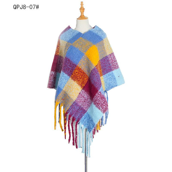 Grova fransar pullover mantel höst och vinter kvinnors förtjockade färg rutig sjal Blue 75cm