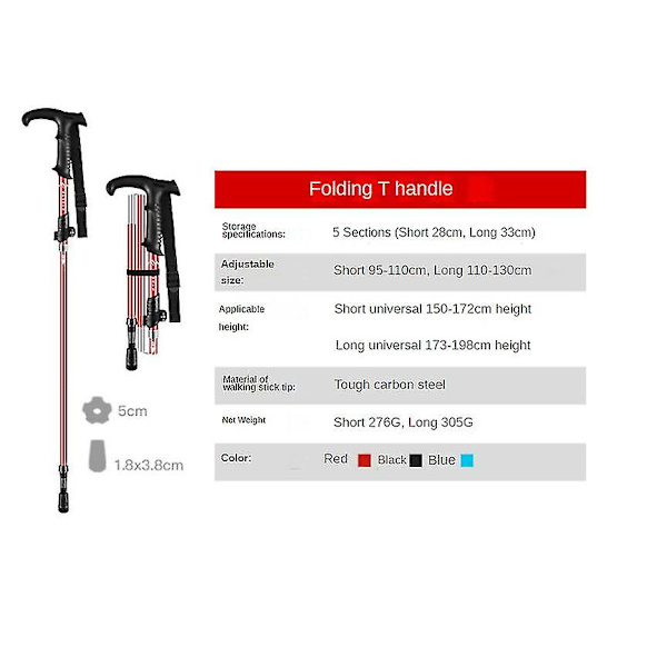 Sammenklappelige vandrestave i aluminium med hurtiglåsesystem, sammenfoldelige, teleskopiske, ultralette til seniorvandring, rygsæk, vandreture T handle Short black