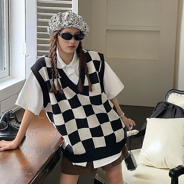 Opiskelijapusero liivi Naisten Ruudulliset Hihattomat Puserot V-pääntie Pariskunta College Casual Tricot Outwear Top Ruudullinen liivit S musta-liivi S black-vest