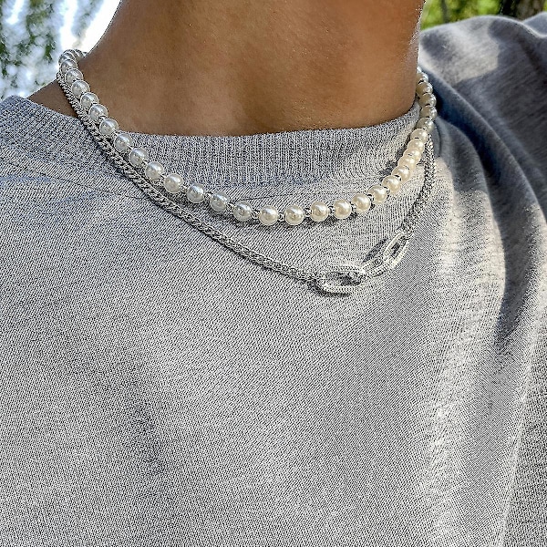 Hip Hop Retro jäljitelmähelmi miesten kaulakoru, valkoinen K Set 2564 Silver