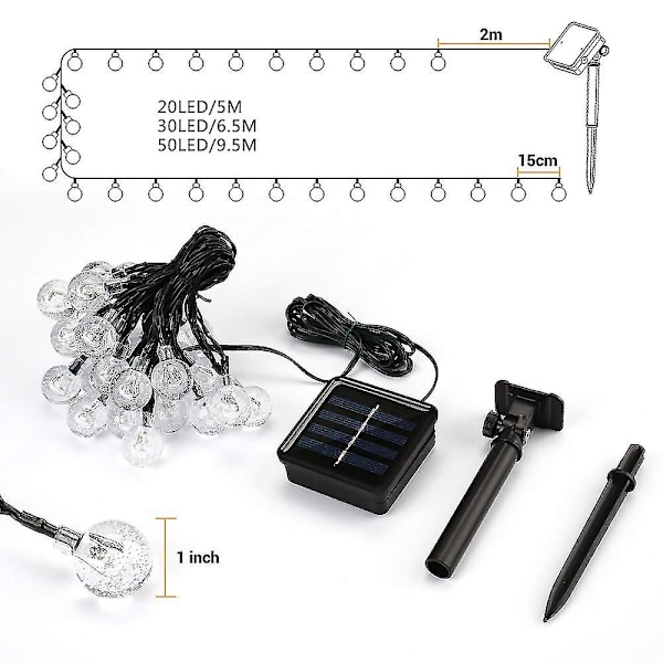 5/6,5/9,5 m Crystal Ball Solar String Lights, 20/30/50 Led Solar Patio String Lights, 8 lägen Utomhus Solar Lights Vattentät för uteplats Trädgård ons white 5m
