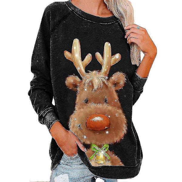 Hhcx-christmas Tunika Dame Langermet T-skjorte Xmas Elk Printed Bluse Topper Black L