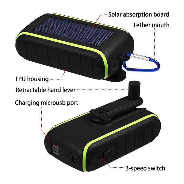 Solladdare, 8000 mah bärbar handvev telefonladdare 2 USB portar Power med ledflaskor black