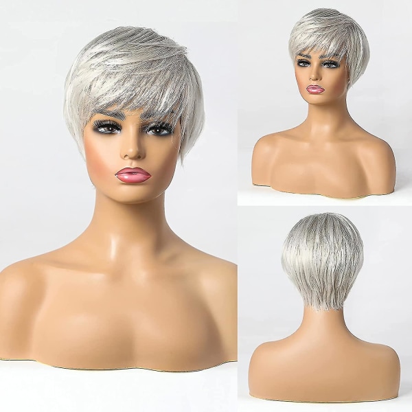Kort sølvgrå menneskehårblanding Parykker til kvinder, naturligt hår Pixie Cut paryk, let/åndbar/blød (farve 101)