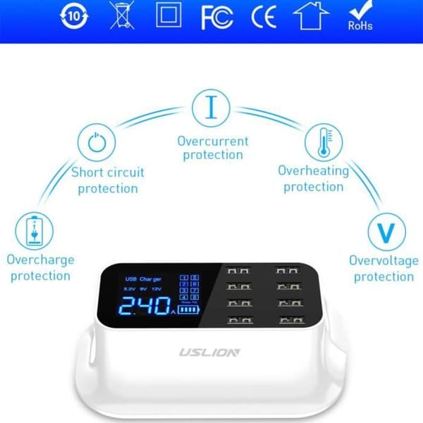 Kreativ LED-skjerm 8 porter USB-lader LYS DISPLAY HURTIGLADEADAPTER