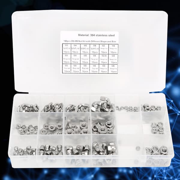 180 st Rostfria Muttrar Kit Vingmutter Flänsmutter Hattmutter Sexkantmutter M2 M2.5 M3 M4 M5 M6