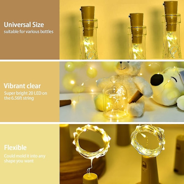 Vinflasklampor, 10-pack med 30 extra batteridrivna, 2m 20 led koppartråd Fairy String Cork Li
