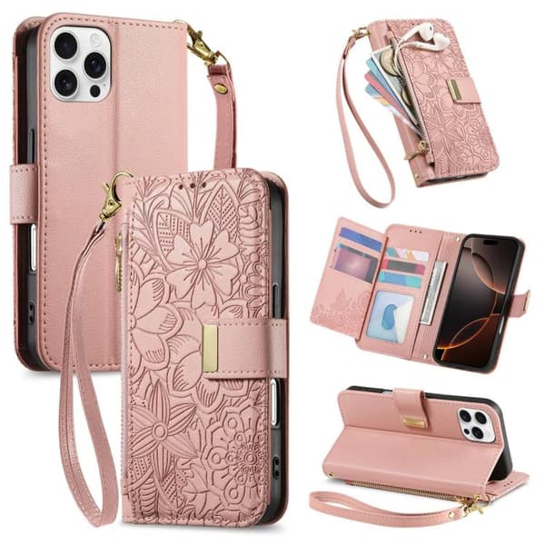 【BQ】iPhone 16 Pro Deksel med Blomster og Blader, Lommebokdeksel med Glidelås og Stropp Rosa
