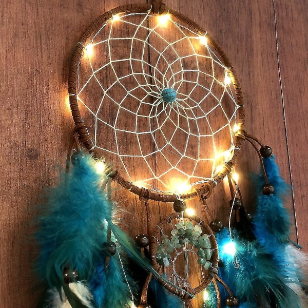 Drømmefanger Blå Livets Tre med Fjær, Mobile Led Fairy Lights Håndlagde indianere Tradisjonelt sirkulært nett kompatibelt med vegghengende dekor, B