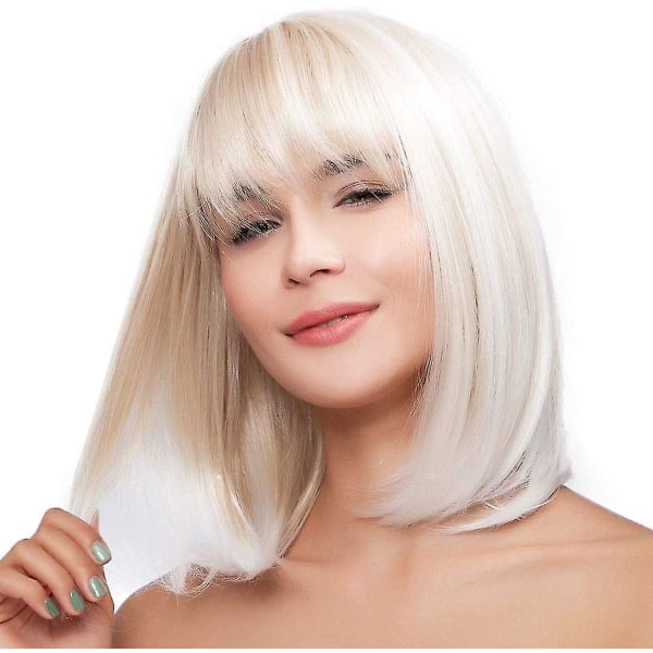 Kremet Champaign Hvit kort platinaparykk med smell Ombre til blondt hår Syntetisk varmebestandig 12 tommers parykker
