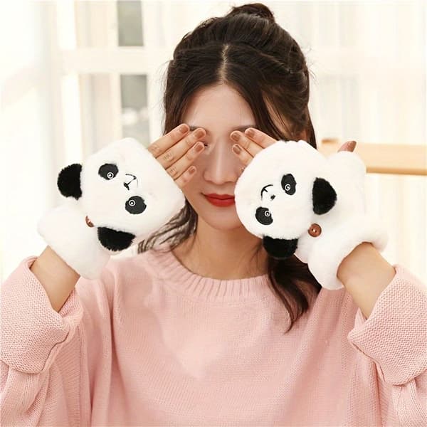 【BQ】Panda-tema Plysch Vinterhandskar - Konvertibla Stickade Flip Top, Spandex och Polyester Black Black 2