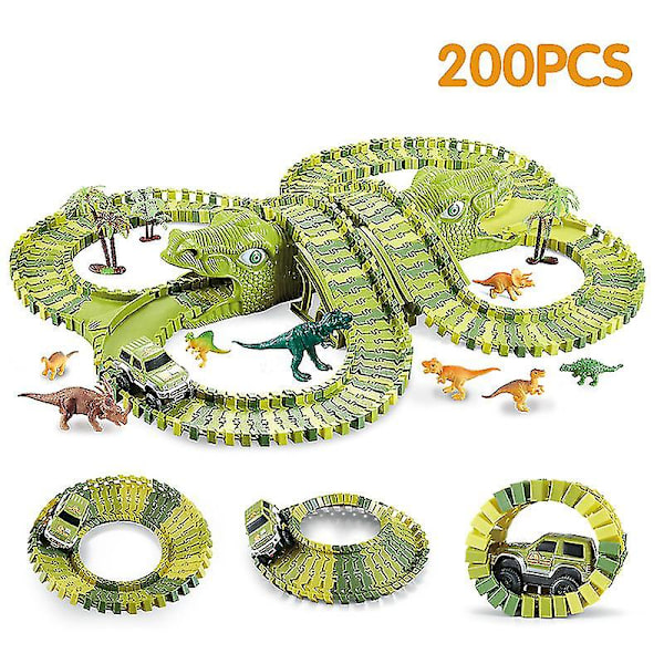 Hhcx Dinosaur Race Track Set Rail Car Less Assembly Bend Flex Racing Track Led Elektroninen Flash Light Autolelut lapsille 200pcs set