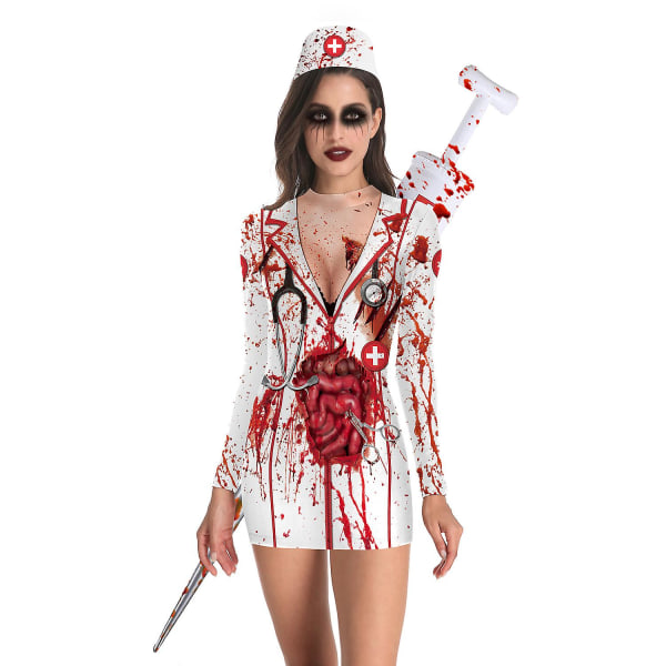 Halloween Kvinnors sjuksköterska Zombie Kostym - Rundhalsad Bodycon Långärmad Klänning För Kvinnor XL