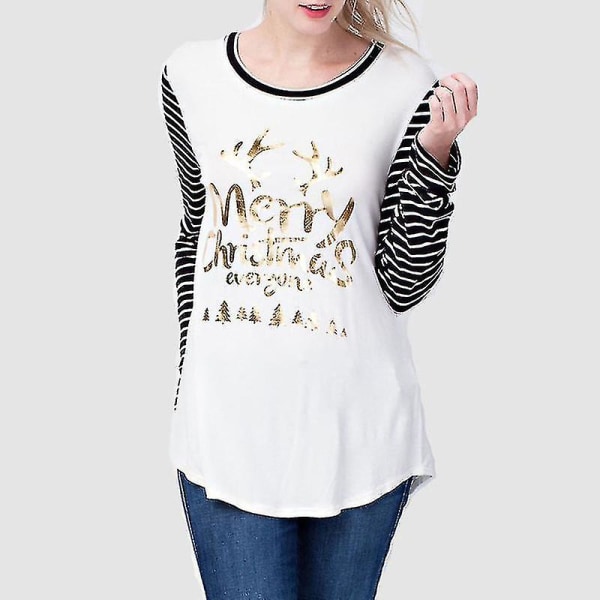 Hhcx-women Xmas Printed Long Sleeve T-shirt Christmas Crew Neck Blouse Top