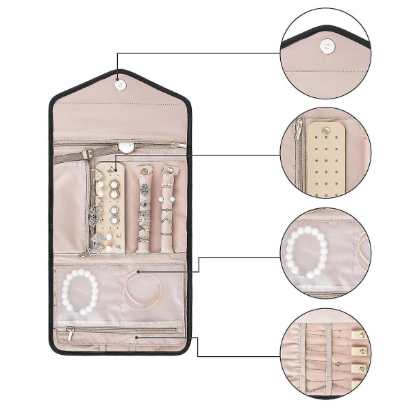 Rejsesmykkearrangørrulle Sammenfoldelig smykkeetui til rejse-ringe, halskæder, armbånd, øreringe Black