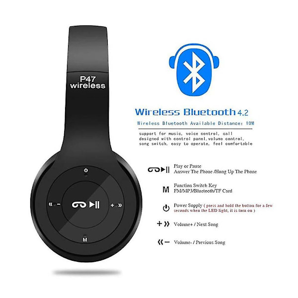 Taitettava langaton kuulokemikrofoni P47 Stereo Bluetooth 4.2 Chip Headphone Support Tf Card Black