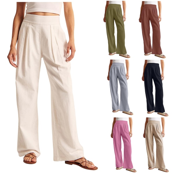 Naisten puuvillainen pellava, joustava vyötärö, leveät housut, khaki XL