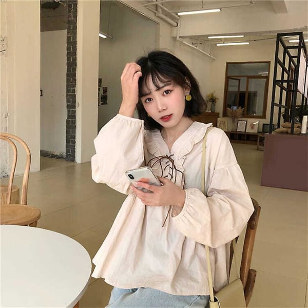 Skjortor Dam Söt vår-höst Streetwear Mode Koreansk stil Lös matchande långärmad Mysig Studenter Casual volanger Mujer apricot M