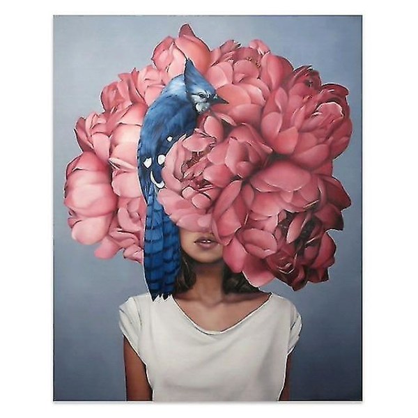 Blomst, fjer, kvinde abstrakt - lærredsmaleri vægkunst 60x90 cm uden ramme 60x90cm No Frame