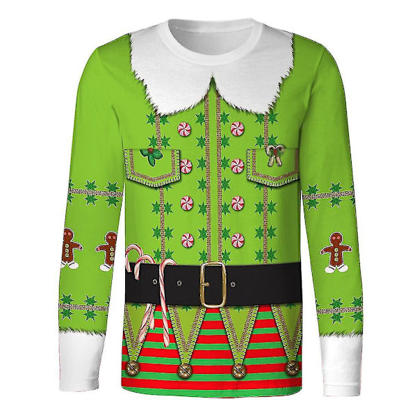 Hhcx-christmas Men Long Sleeve Pizza Elf Tuxedo Print T-shirt Xmas Novelty Top Light Green S