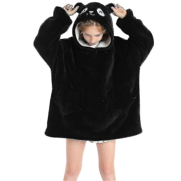 Luvtröja Filt Barn Oversized flicka Mjuk tröja Varm fleece bärbar tröja ~ Black panda
