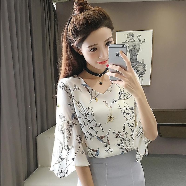 Kvinder Blomsterskjorte Lille V-hals Kvindebluser Koreansk Sød Blomster Flæsede Sommerfugleærmer Chiffon Toppe XXL Hvid XXL White