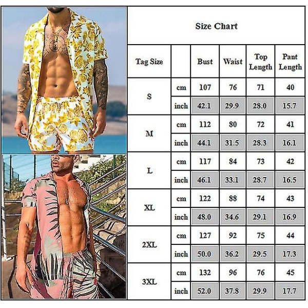 Men Hawaii Boho Summer Outfit Kortermet skjorte Shorts Sett Holiday Beach Yellow S