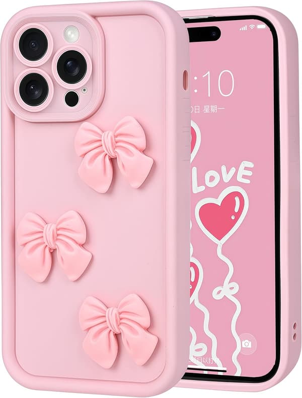 【BQ】Søde covers til iPhone 16 Pro Max Pink 3D Sløjfe Design Blødt Stødsikkert Beskyttende Mobilcover til Piger Kvinder