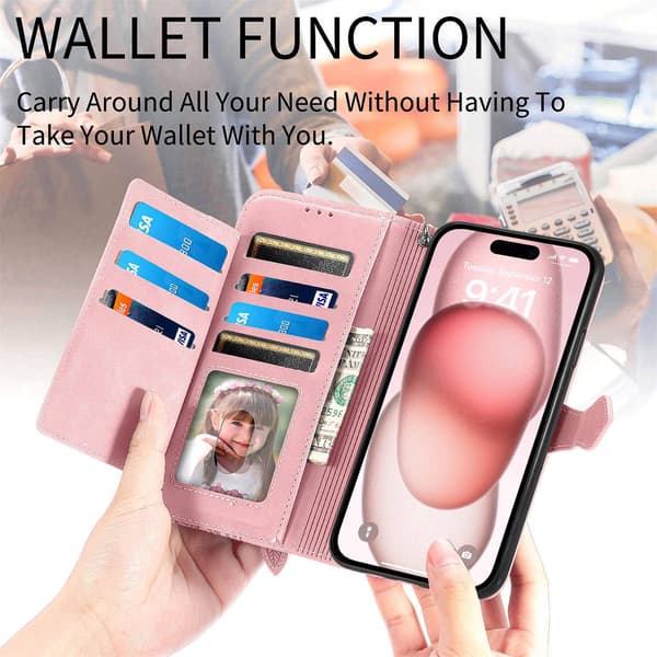【BQ】iPhone-etui - Flip-læderetui med prægede kortpladser, pink til iPhone 16 Pro Max Pink Pink iPhone 16 Pro Max