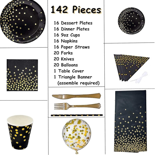 142 delar svart och guld festtillbehör set, Golden Dot festservis, inkluderar svarta papperstallrikar Servetter koppar, guldgaffelknivar Blue Gold