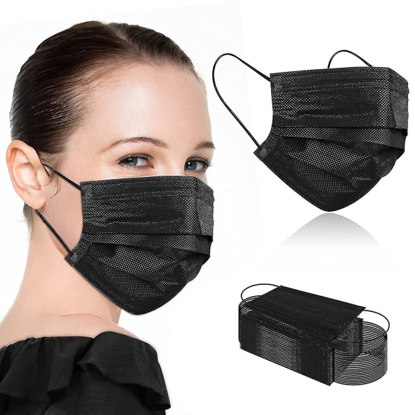 100 stykker svarte engangsmasker, svarte masker engangspustende 3-lags voksenmasker, svarte masker