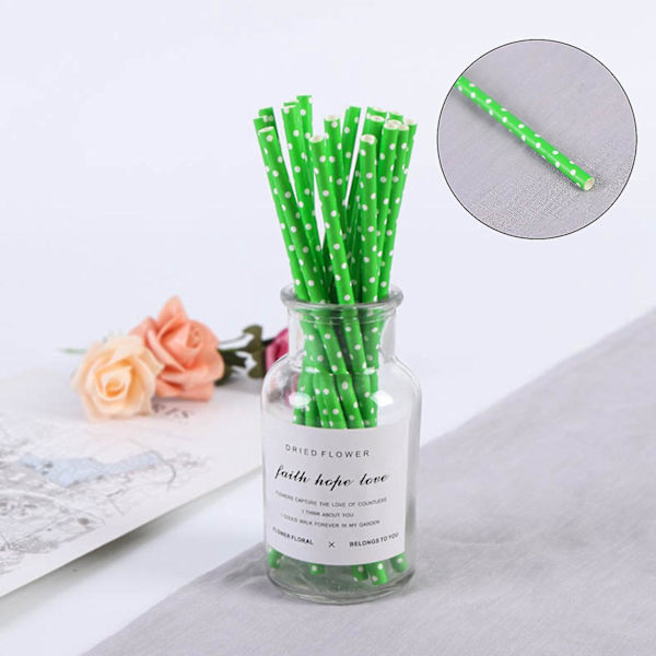 Biologiskt nedbrytbara papperssugrör, 100 sugrör för festtillbehör, födelsedag, bröllop Fruit Green White Dots