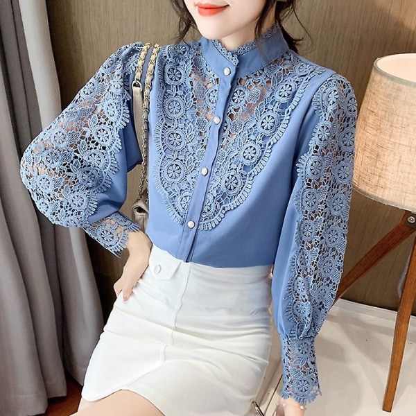 Ny heklet hulblondesøm 2023 bluse i koreansk stil kvinner Sexy pusermer stående krage tynn skjorte Blue M