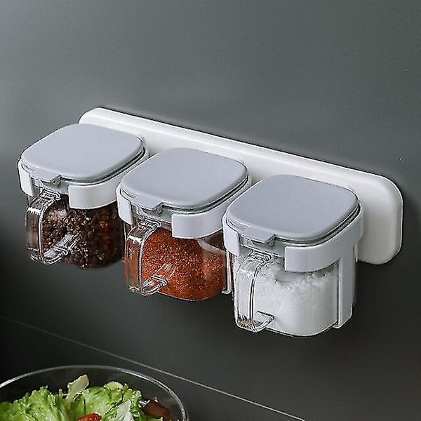 Väggstil Kryddlåda Köksmaterial med cover Saltburk Kombination Hushållssked Förvaringslåda Köksmaterial 3Pcs Gray